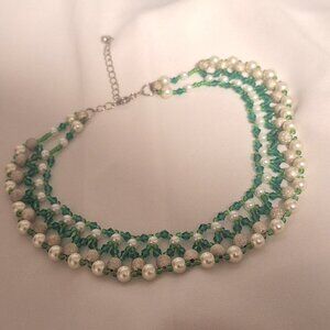 Artisan Beaded Green Glass Crystal White Pearl Metallic Silver Collar Necklace
